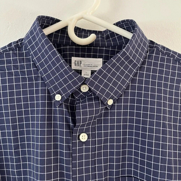 Gap Mens Navy Window Pane Button Up Shirt Sz L Standard Fit Performance Cotton - Picture 5 of 12